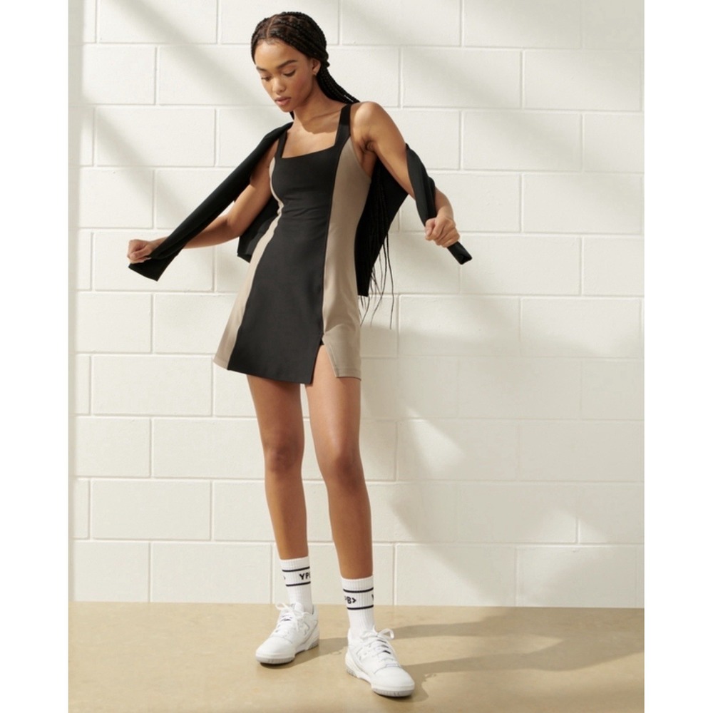 Abercrombie YPB SculptLUX Mini Dress S Black Taupe Tennis Athletic Activewear